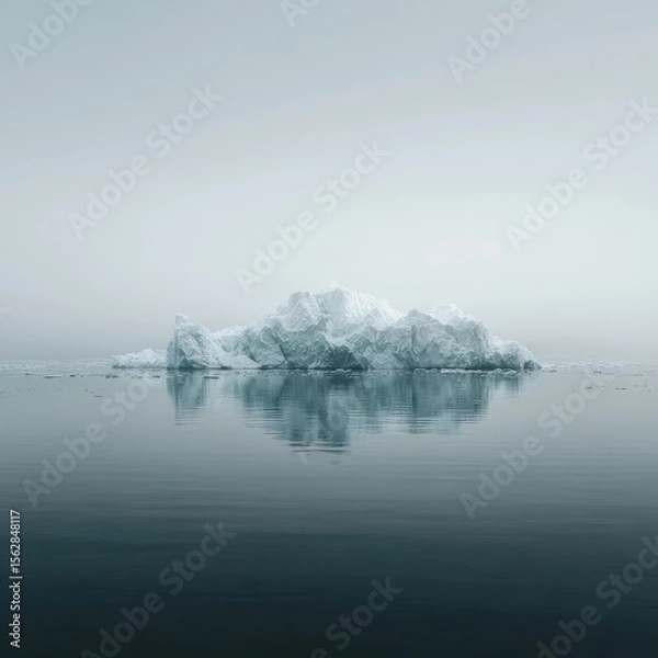 Fototapeta A solitary iceberg, pale blue and white, floats serenely in calm, misty water, its reflection mirroring its form perfectly in the still surface