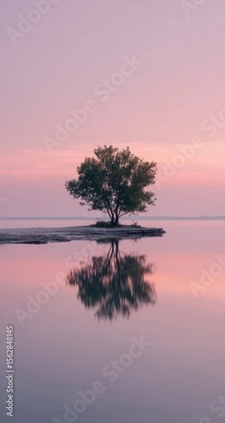 Fototapeta Solitary tree on a small island at dawn, perfectly reflected in calm, pastel-hued water
