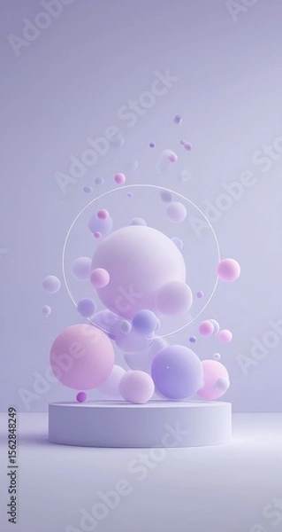 Fototapeta Pastel spheres, varying sizes, float around a minimalist white cylindrical pedestal against a soft lilac backdrop; a thin white circle frames the central cluster