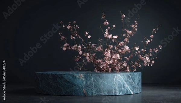 Fototapeta Dark teal marble cylindrical pedestal with delicate pink blossoms emerging from its center, set against a moody backdrop