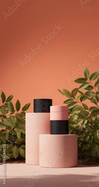Fototapeta Pink and black cosmetic jars on peach background with greenery