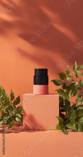 Fototapeta Coral-toned cosmetic container sits atop a square block, flanked by greenery, against a warm orange backdrop with leaf shadows