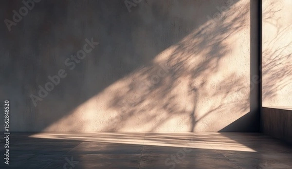 Fototapeta Sunlit minimalist interior with textured wall, showcasing a tree's shadow cast from an unseen window. The floor is a smooth, neutral tone