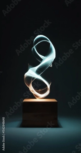 Fototapeta Glowing cyan energy swirls atop a dark wooden cube against a deep teal background, creating an ethereal, abstract sculpture
