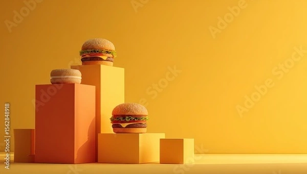 Fototapeta Three cheeseburgers and a donut sit atop orange geometric platforms against a sunny yellow backdrop