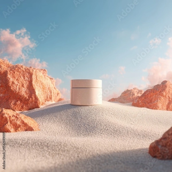 Fototapeta A minimalist cream jar sits on a small dune amidst rosy-hued rocks under a bright, clear sky
