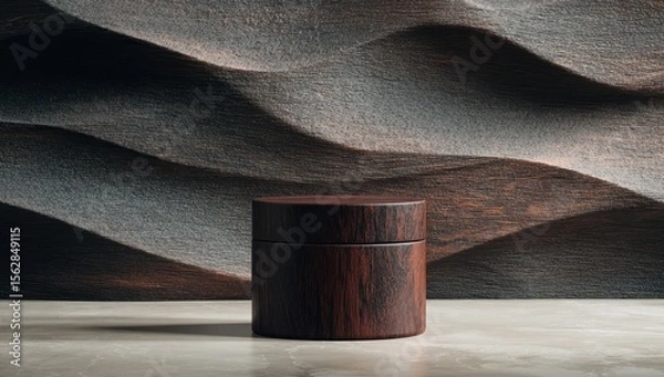 Fototapeta Dark-brown cylindrical wooden jar on a light marble surface against a wavy, dark-grey textured background