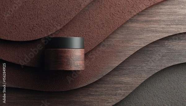 Fototapeta Dark wood-grain jar with black lid rests on undulating brown and dark brown wood surface