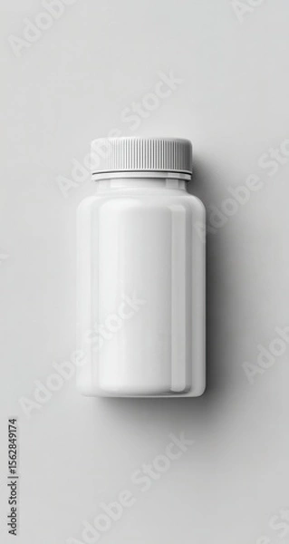 Fototapeta A plain white plastic pill bottle with a screw-on lid sits on a light gray background, viewed from directly above