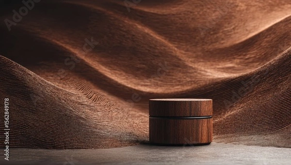 Fototapeta A cylindrical wooden container sits on a textured surface before a backdrop of undulating brown fabric