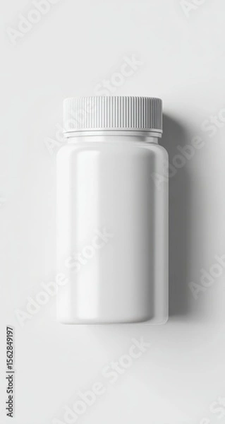 Fototapeta A plain white plastic bottle with a simple white cap, shown against a white background, casting a subtle shadow