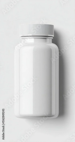 Fototapeta A blank, white, plastic pill bottle with a white screw-on lid sits on a plain white background