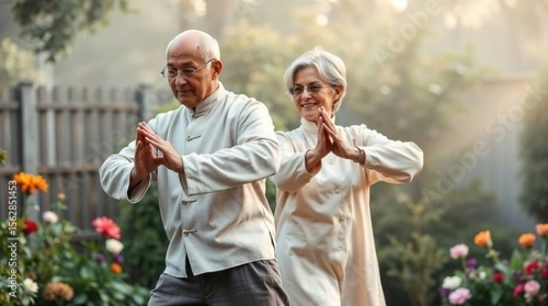 Fototapeta Active Senior Couple Practicing Tai Chi in a Blooming Garden