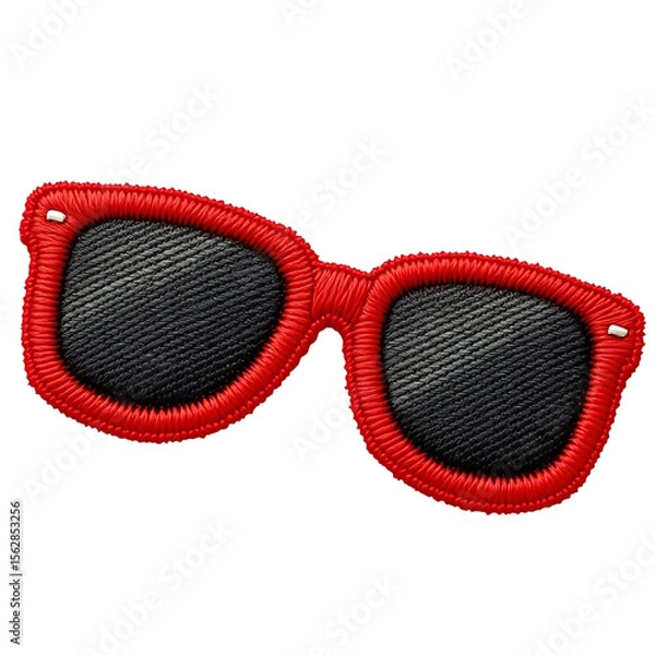 Fototapeta Red Stitched Sunglasses Patch on Black Background Close up