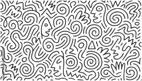 Fototapeta Abstract black line doodle pattern with faces and spirals on white background, isolated on transparent background, generative ai