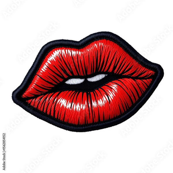 Fototapeta Embroidered Red Lips Patch on Black Background Close up