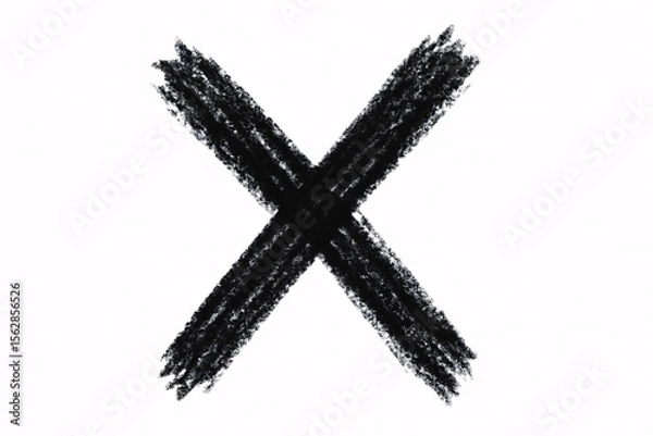 Fototapeta Bold Black Chalk X Against a Clean White Backdrop Creates Striking Contrast and Minimalist Composition Displaying Rough Texture