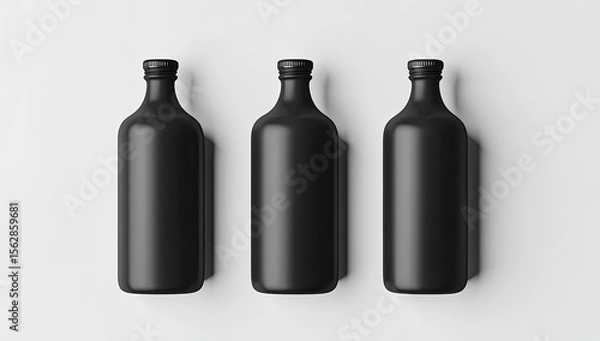 Fototapeta Three matte black bottles on a white surface