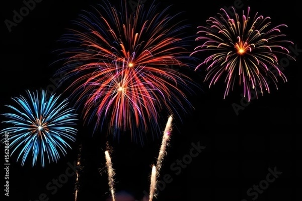 Fototapeta Fireworks Display at Night: Colorful Pyrotechnics Exploding in a Dark Sky, Celebration, New Year's Eve, Fourth of July, Festive Event