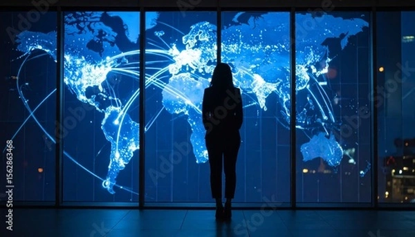 Fototapeta Business person silhouette viewing a holographic global network projected on a window
