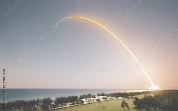 Fototapeta Space rocket after takeoff. A rocket launch from the island. Arc of light