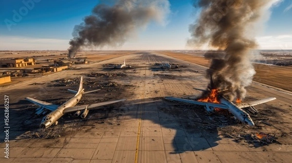 Fototapeta The aftermath of a devastating missile strike on a military airbase. Strategic bombers are seen completely destroyed. Wreckage