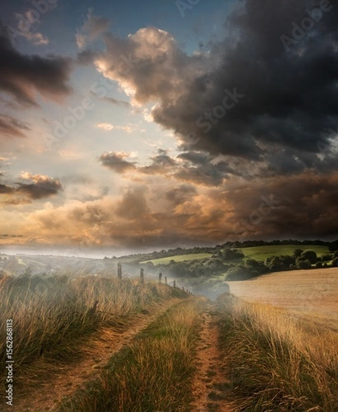 Fototapeta Flat design scene is showing winding dirt track leading into rolling green hills under dramatic sky