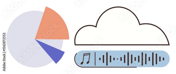 Fototapeta Pie chart with distinct sections, cloud graphic with waveform and music note, representing data sharing, music storage. Ideal for analytics, technology, streaming, entertainment, cloud computing