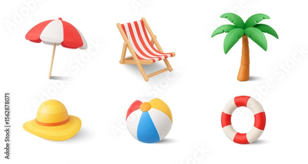Fototapeta 3d hello summer icons collection, isolated on white background. Beach chair with coconut or palm tree, life buoy and beach ball, beach hat icon in 3d vector. Vector illustration