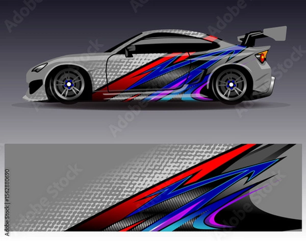 Obraz Car wrap design vector. Graphic abstract stripe racing background designs for vehicle, rally, race, adventure and car racing livery