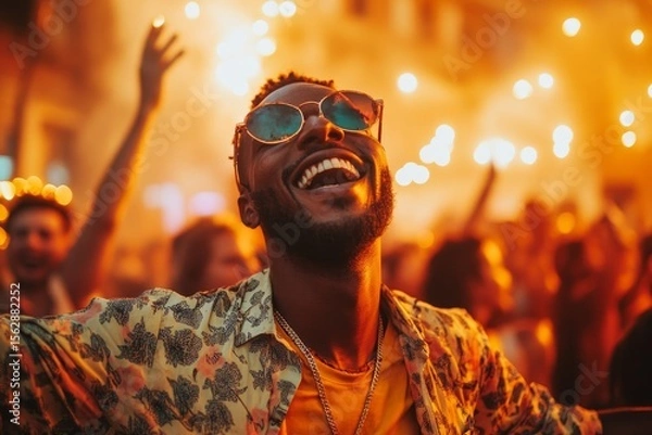 Fototapeta Man with friends dancing at a music festival,  the energy and excitement of the event while enjoying the lively crowd, Generative AI