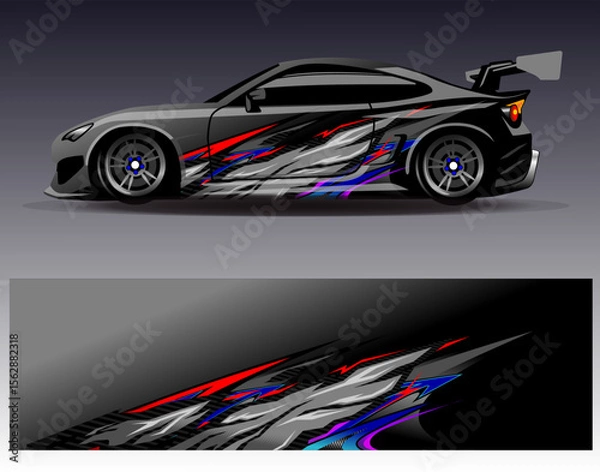 Obraz Car wrap design vector. Graphic abstract stripe racing background designs for vehicle, rally, race, adventure and car racing livery