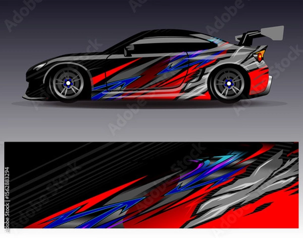 Obraz Car wrap design vector. Graphic abstract stripe racing background designs for vehicle, rally, race, adventure and car racing livery
