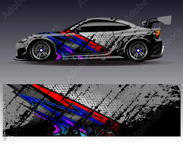 Obraz Car wrap design vector. Graphic abstract stripe racing background designs for vehicle, rally, race, adventure and car racing livery