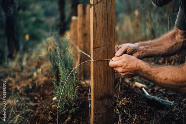 Fototapeta A close-up of a man's hands tying wire around a wooden fence post in a natural setting. The scene emphasizes off-grid living and sustainable practices.