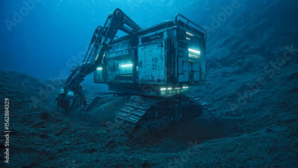 Fototapeta A deep sea mining vehicle operates on the ocean floor. The machine has tracks and an articulated arm, surrounded by dark blue water and sediment.