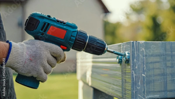 Fototapeta A person with gloved hands uses a power drill to secure a metal fence panel. The background shows a residential area with greenery, emphasizing off-grid living.