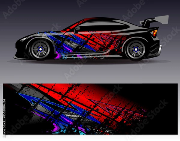 Obraz Car wrap design vector. Graphic abstract stripe racing background designs for vehicle, rally, race, adventure and car racing livery