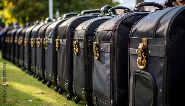 Fototapeta 一列に並んだ黒いスーツケースの壮観な光景
