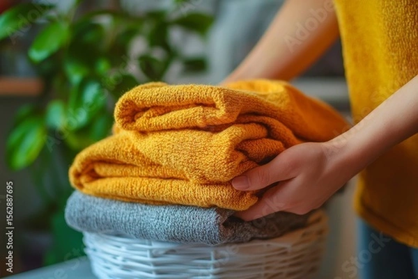 Obraz Close-up of hands organizing clean clothes after laundry, maintaining an orderly household, Generative AI