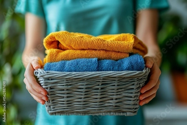 Obraz Close-up of hands organizing clean clothes after laundry, maintaining an orderly household, Generative AI