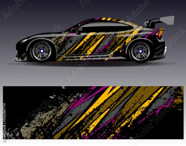 Obraz Car wrap design vector. Graphic abstract stripe racing background designs for vehicle, rally, race, adventure and car racing livery