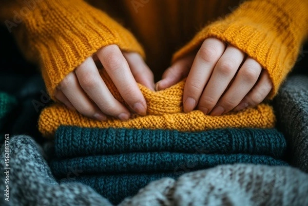 Obraz Close-up of hands organizing clean clothes after laundry, maintaining an orderly household, Generative AI