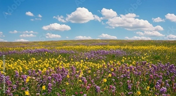 Fototapeta 爽やか青空下、黄色紫花野原輝く風景写真