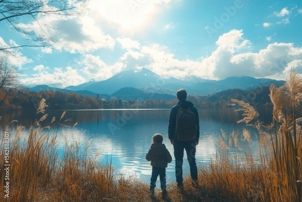 Obraz Father and son playing outdoors near a lake, enjoying quality time together while having fun in nature, Generative AI