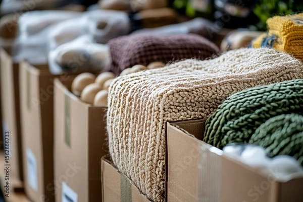 Obraz Close-up of boxes of belongings being prepared for donation to charity, supporting a sustainable lifestyle, Generative AI