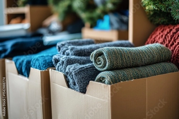 Obraz Close-up of boxes of belongings being prepared for donation to charity, supporting a sustainable lifestyle, Generative AI