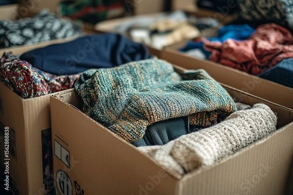 Obraz Close-up of boxes of belongings being prepared for donation to charity, supporting a sustainable lifestyle, Generative AI
