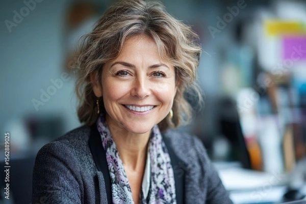 Obraz Close-up of a smiling businesswoman in her office, radiating professionalism and positivity as she engages in her work, Generative AI