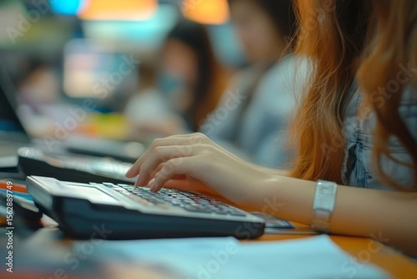 Obraz Women business people use calculators to calculate the company budget and income reports on the desk in the office, Generative AI